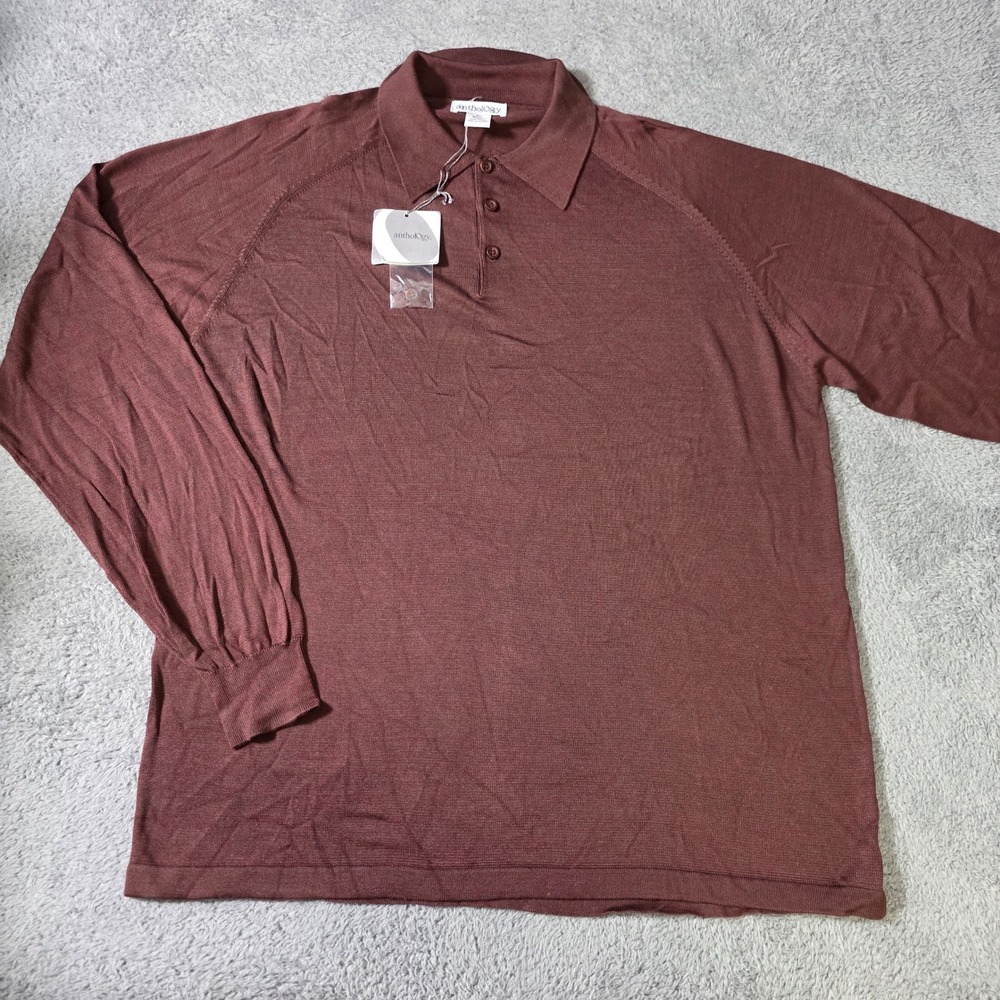 Anthology Mens XL Polo Shirt Burgundy 100% Silk Long Sleeve Raglan Knit Sweater